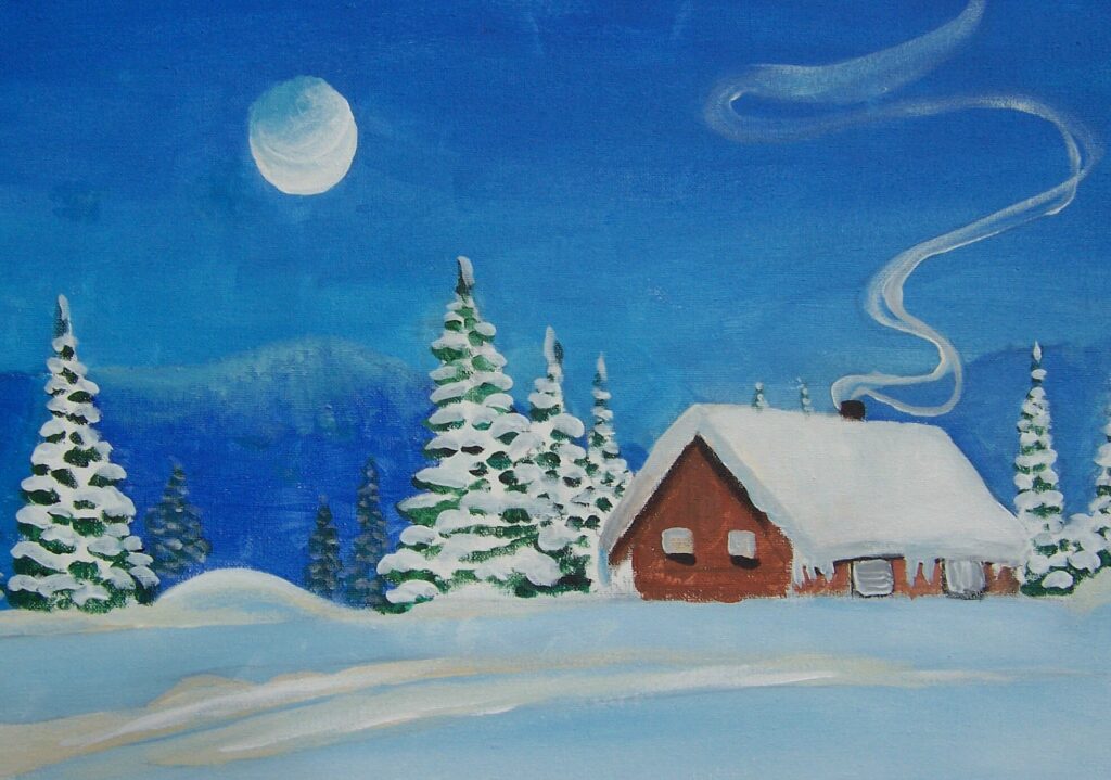 cabin in the snow AWAS painting