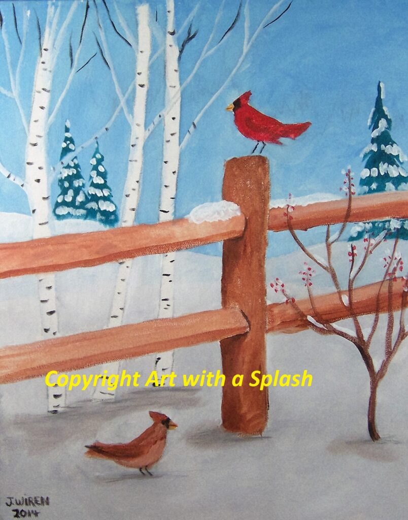 cardinals on fence in winter AWAS